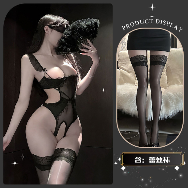 Pure & Playful Lingerie Set with Underwire Support – Seductive Sheer Lace Bra & Matching Thong with Stockings - Wild Jujube*Black + Matching Socks