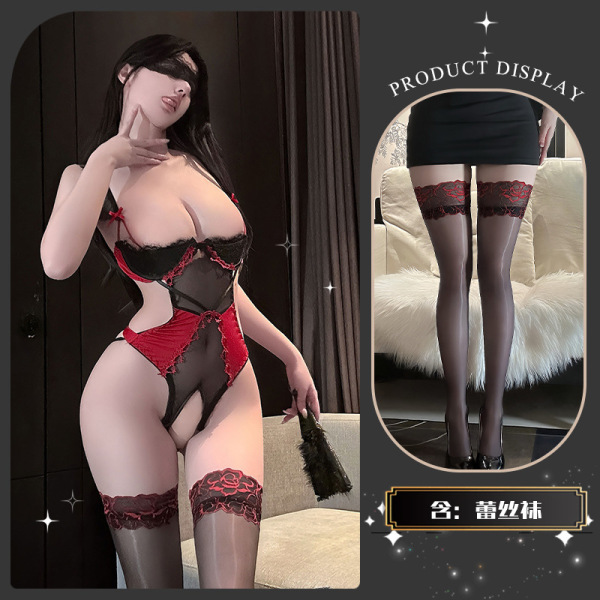 QingShe Lingerie Set - Sexy Pure-Yu Style Underwire Bra & Matching Sheer Stockings for Women - Red Jujube with matching socks