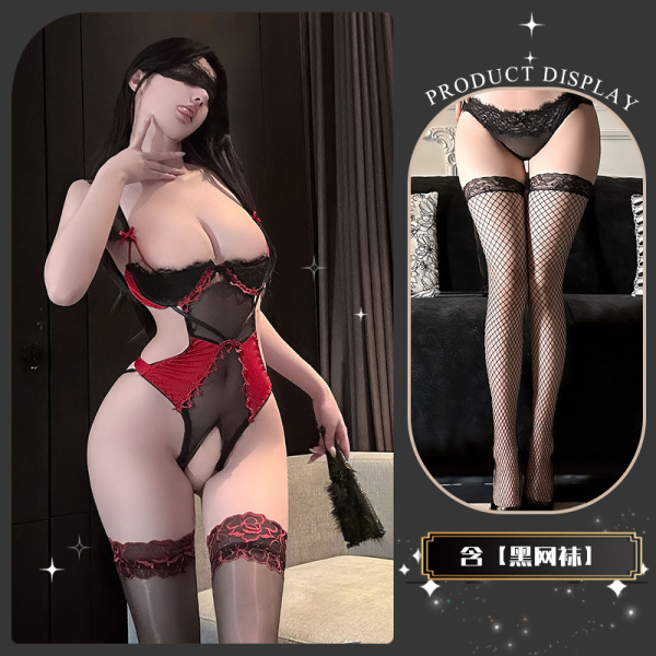Pure & Playful Lingerie Set with Underwire Support – Seductive Sheer Lace Bra & Matching Thong with Stockings - Red and black fishnet stockings