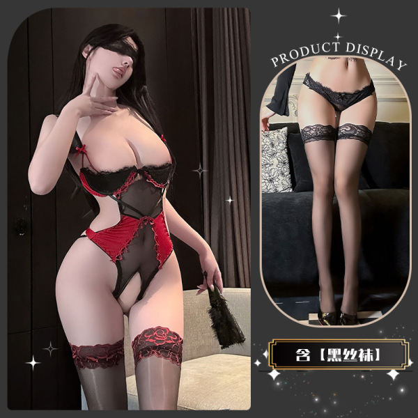 Pure & Playful Lingerie Set with Underwire Support – Seductive Sheer Lace Bra & Matching Thong with Stockings - Wild jujube*red + black stockings