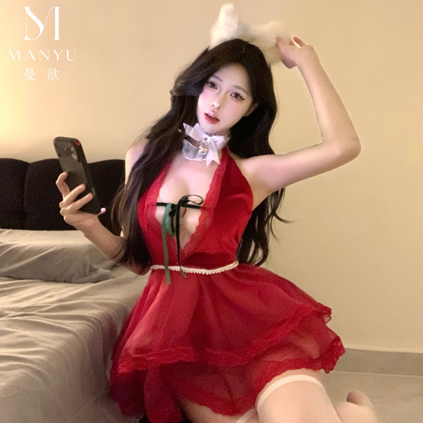 Woman wearing manyu original christmas sleep dress, featuring sexy pure temptation design, festive holiday nightwear.