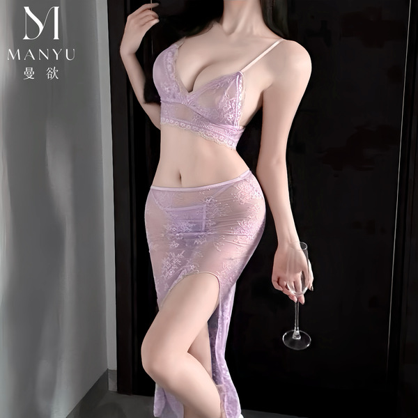 Manyu pure allure lace lingerie set featuring sheer cheongsam design with side slit, elegant and sexy nightwear.