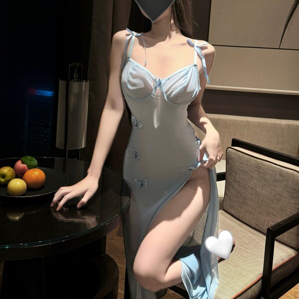 Elegant sheer mesh dress featuring adjustable straps, high slit, and butterfly embellishments, perfect for sexy sleepwear.