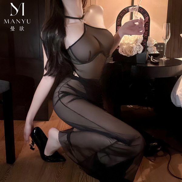 Sexy intimate wear featuring a sheer lace bodysuit with halter neck and sculpting mesh skirt, perfect for evening elegance.