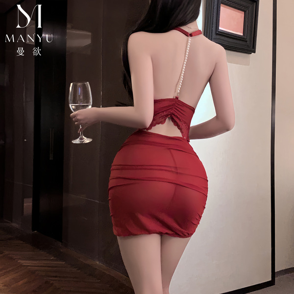 Manyu new year sexy v-neck backless lingerie set - slim-fit pearled chain slip dress, elegant design with delicate lace and p...