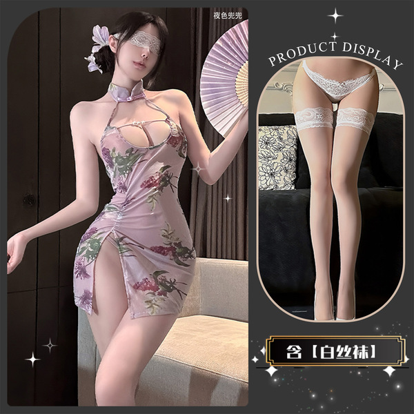 Luxury Pearl-Embellished Qipao-Style Lingerie Set – Seductive Split-Back, Peek-A-Boo Bust, Elegant Mature Appeal - Rose petal*flower~ + white stockings
