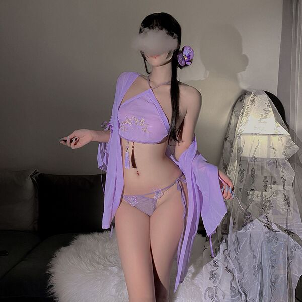 Vintage Chinese-Style Lingerie Set - Plus Size Silk Qipao Role Play Outfit for Sensual & Elegant Wear - Plum blossom purple [outerwear + undershirt + underwear]