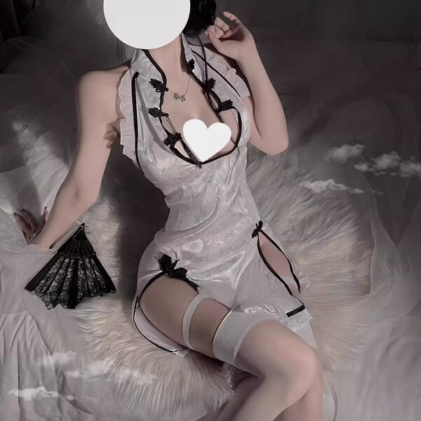 Vintage cheongsam style sheer mesh sexy outfit, featuring delicate lace details and thigh-high stockings, perfect for a capti...