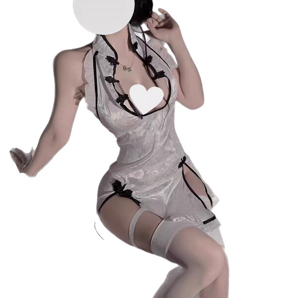 Vintage cheongsam style sheer mesh sexy outfit, featuring elegant black accents and thigh-high stockings, perfect for a capti...
