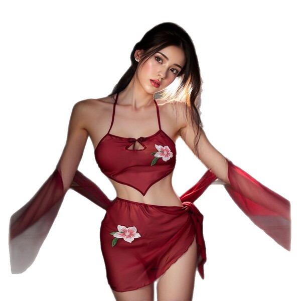 Meimei sensual chinese-style embroidered deep v halter bodysuit - vintage belly dance inspired lingerie featuring floral embr...