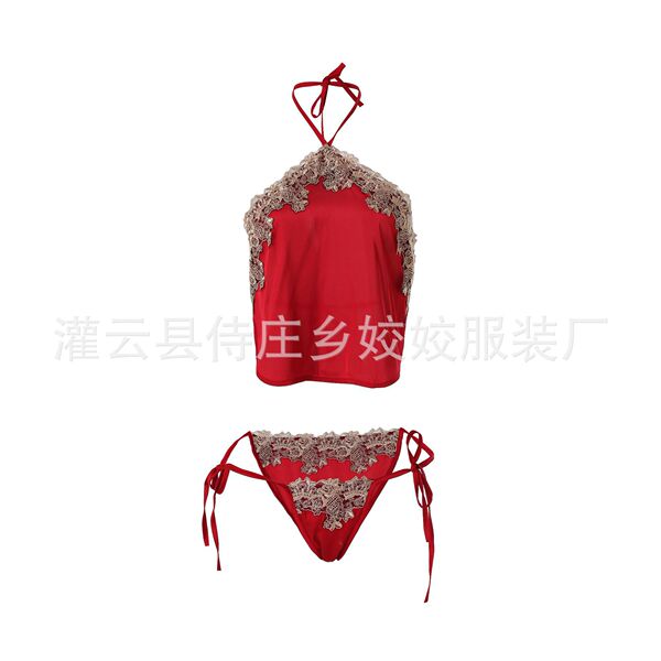 Sexy sheer embroidered open-crotch doudou set for women, featuring lace detailing and string ties, perfect for chinese chic l...