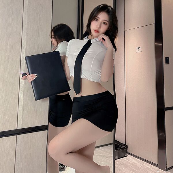Meinaier sexy secretary outfit - ol bodycon skirt set for role play & teacher costume, featuring a white cropped top with tie...