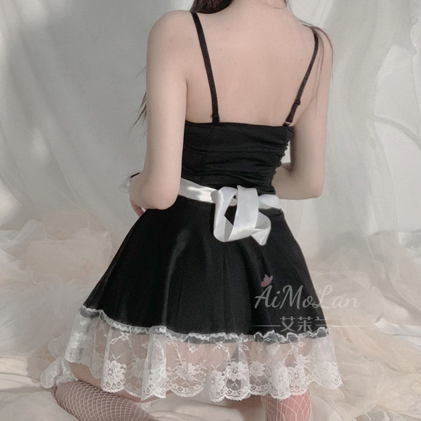 Sexy black maid costume with lace trim and ribbon waistband, perfect for women seeking elegant sleepwear or evening outfits.
