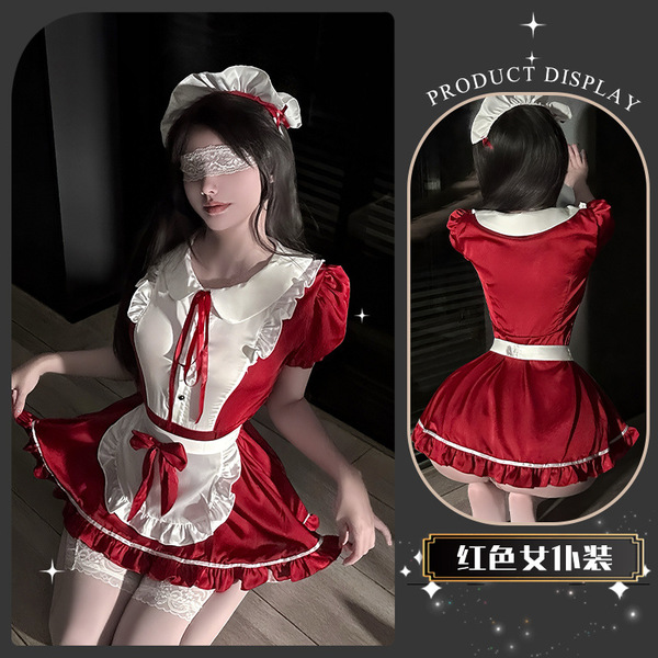 Golden Night Seductive Lingerie Set - Pure & Tempting Butterfly Maid Cosplay Outfit, Soft Feminine Erotic Underwear - Strawberry Kitchen * Red [Includes headband]