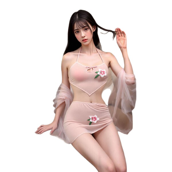 Meiyoujia pure-yet-sensual embroidered deep-v halter bodysuit set – busty dance-inspired lingerie for women, featuring delica...