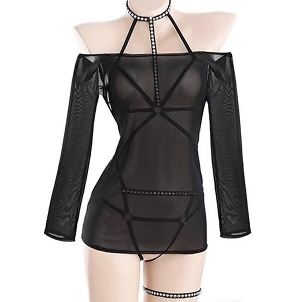 Black sheer lingerie set with studded straps and matching choker, designed for playful bedroom moments.