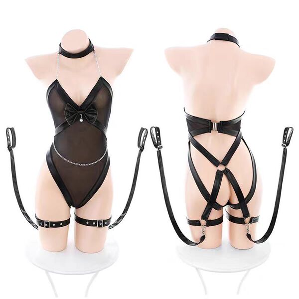 Meizhilan busty lace mesh bodysuit with sheer pantyhose – seductive leather-trimmed bondage lingerie set featuring black leat...