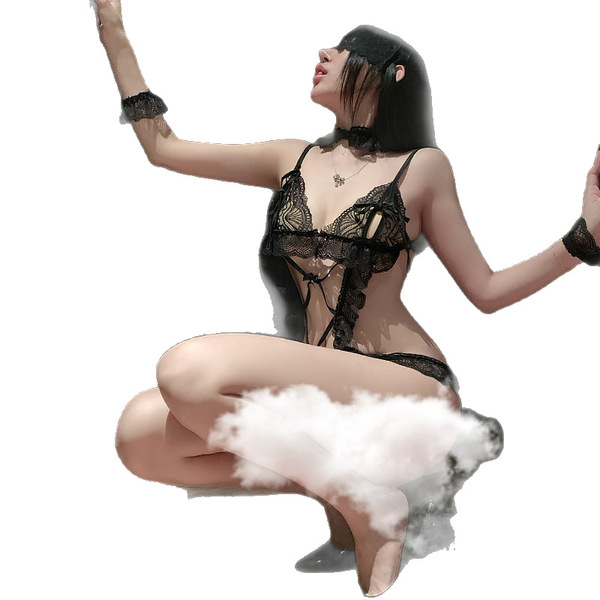 Sexy lace bodysuit with open crotch design, perfect maid costume sleepwear for women.