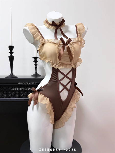 Ruiyun Sexy Lingerie Set - Seductive Maid Costume for Women, No-Remove Soft Girl Fantasy Outfit - 4701 [Cute Candy Bear | Brown Open Crotch Bodysuit + Neck Ring]