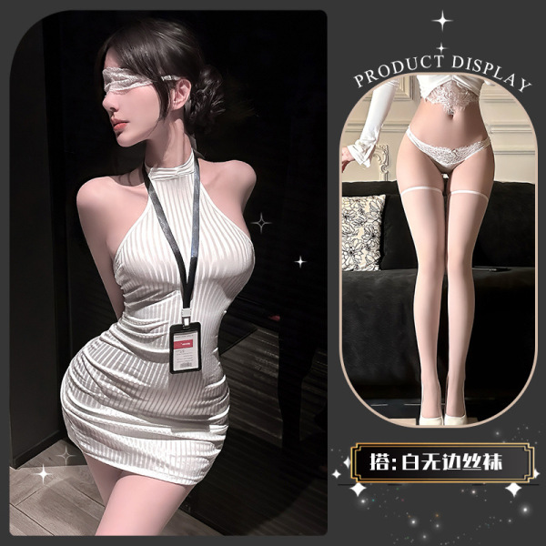 Golden Night Sexy Secretary Costume - Seductive Lingerie Set with Bodycon Mini Skirt for Playful Elegance - Secret Branch Small Buttocks * White + White Boundless Stockings