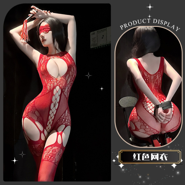 Golden Night Seductive Lace Bodysuit - Pure Temptation Sheer Mesh Lingerie for Women - Cotton-coated hammer net ~ [Red]