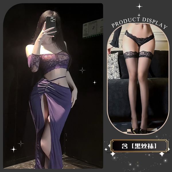 Elegant Women's Sexy Lingerie Set – Shimmering Halter Top & Matching Bottoms for Sophisticated Romance - Mianmian glances at purple and black stockings