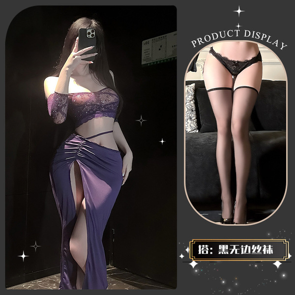 Elegant Women's Sensual Lingerie Set – Sparkling Halter Top & Matching Bottoms for Romantic Nights - Mianmian Xiangchu* Purple + Black Boundless Stockings