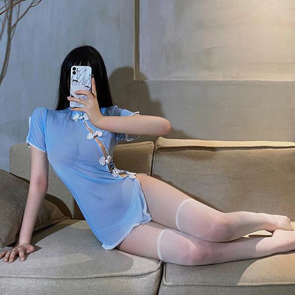 Seductive blue cheongsam bodysuit with lace inserts, perfect for women seeking elegant and intimate bodycon lingerie.