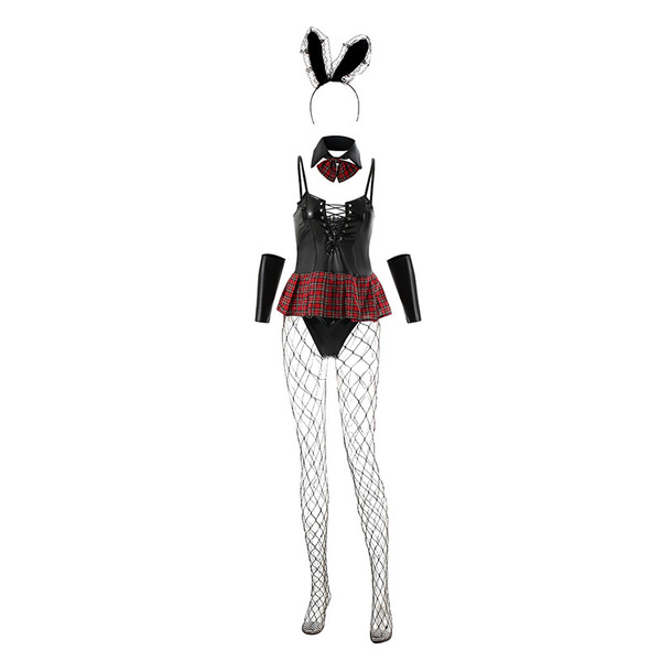 Mimei seductive lingerie set - bunny girl pvc plaid outfit, modest wife costume for new year & parties
