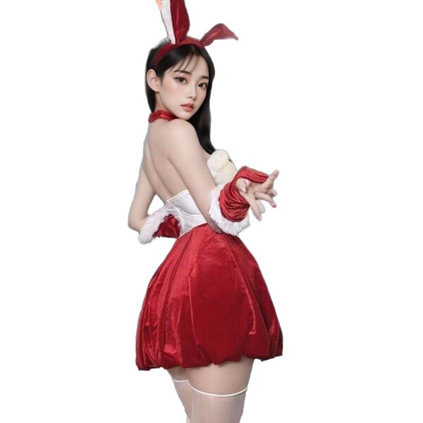 Sexy mimoo christmas bunny costume with red velvet skirt and bunny ears for festive performances and cosplay events.