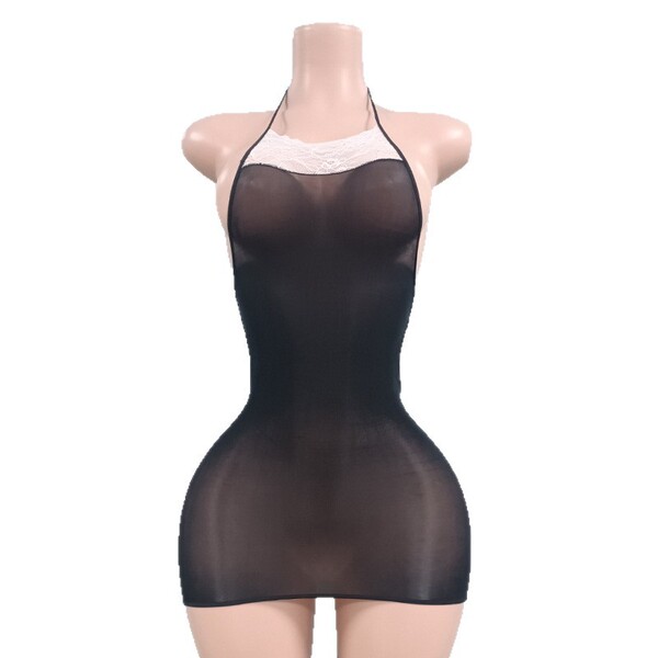 Sheer black bodysuit with open-crotch design, featuring a lace neckline and halter straps, perfect for curvy women.