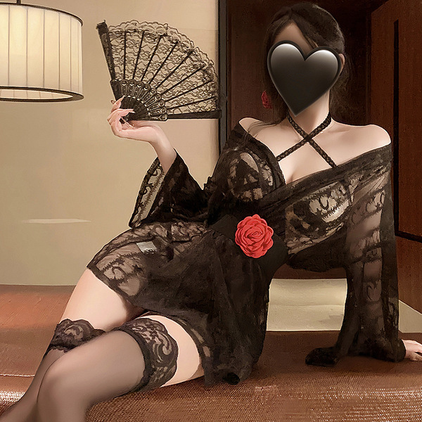Elegant black lace yukata sleepwear set featuring delicate floral details and sheer fabric, perfect for pure temptation with ...