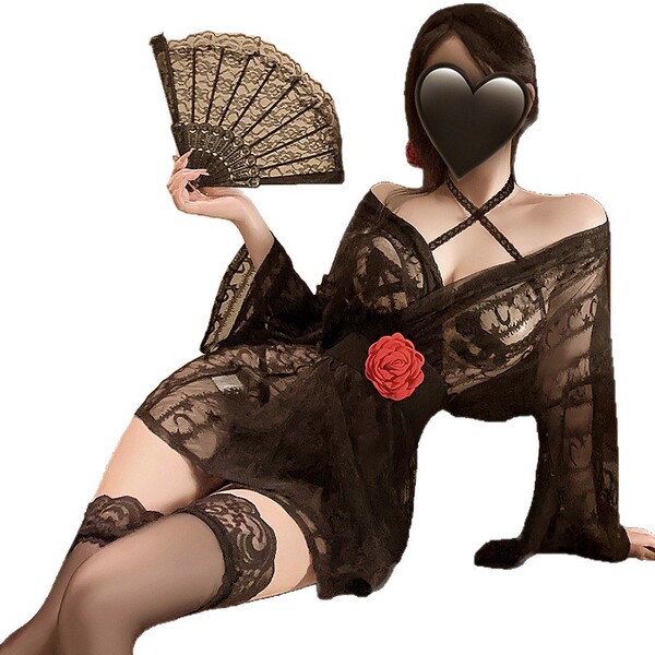 Elegant black lace yukata sleepwear set featuring delicate patterns, a heart-shaped mask, and a red rose accent, exuding allu...