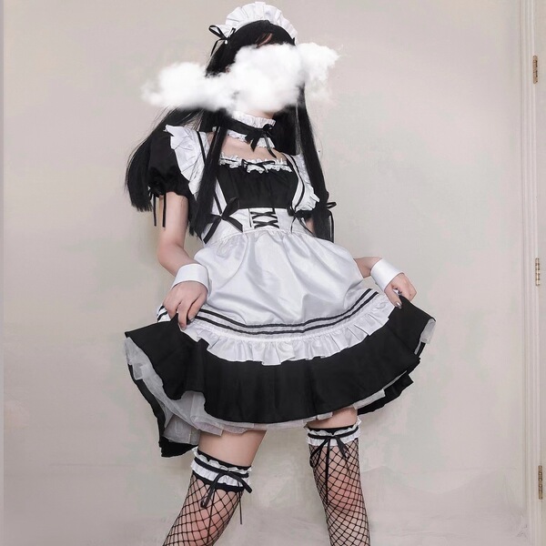 Miracle nikki cosplay maid dress - japanese soft lolita anime dress for women, plus size costume set featuring black and whit...