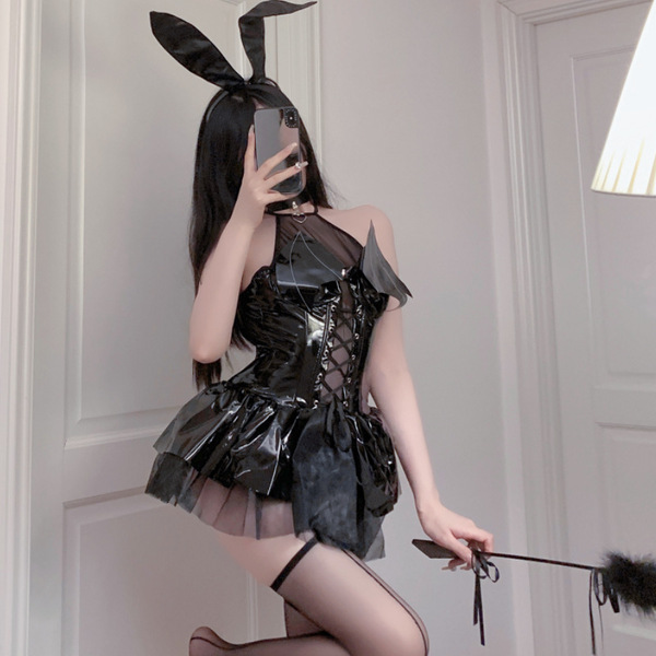Mirror pu lace-up halter batwing mini skirt cosplay devil costume for women, black leather design with bunny ears and feather...