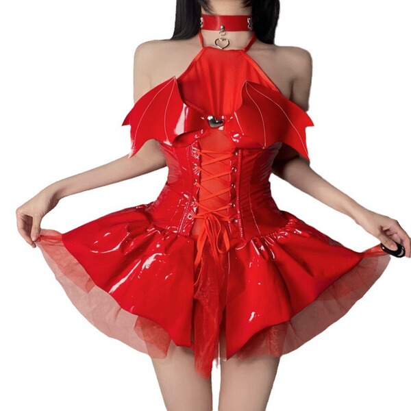 Red mirror pu halter dress with bat wings and corset design, perfect for cosplay devil costumes for women