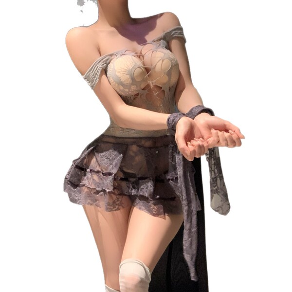 Mist temptation lingerie set: sheer mesh sleepwear with floral details, off-shoulder design, and sensual no-remove style.