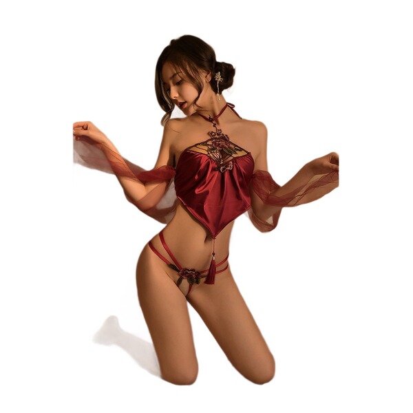 Misty night ancient chinese embroidery bodysuit - sensual hanfu-style sheer lace bra set with ties