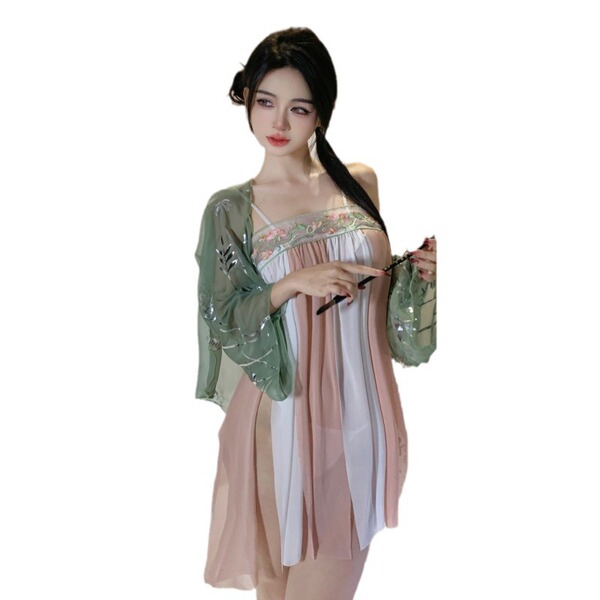 Misty romance chinese new year lingerie set - sheer vintage-inspired bedroom sleep dress, no-remove seductive nightwear