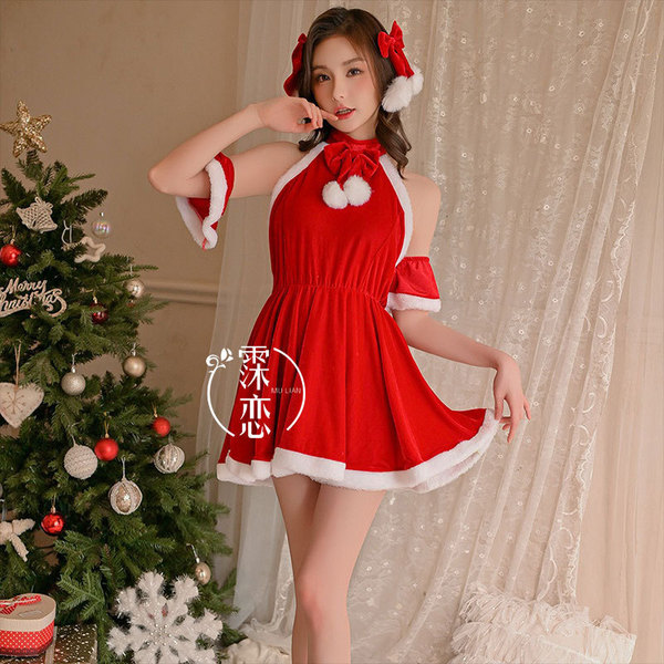 Sexy plus size holiday costume dress featuring festive design with red and white colors, perfect for christmas celebrations.