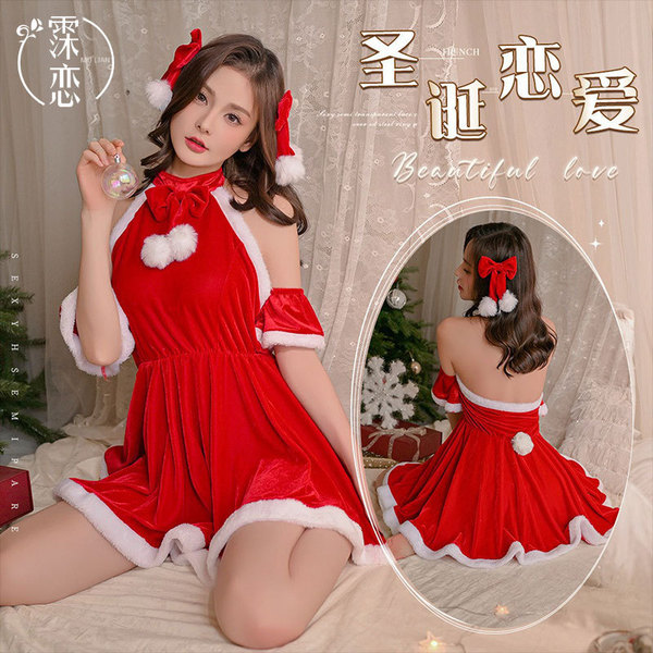 Sexy plus size holiday costume dress for women, christmas-themed red dress with santa hat accessory, perfect for festive occa...