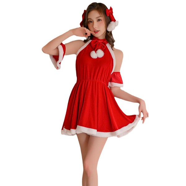 Sexy plus-size holiday costume dress featuring festive red and white colors, perfect for christmas celebrations.