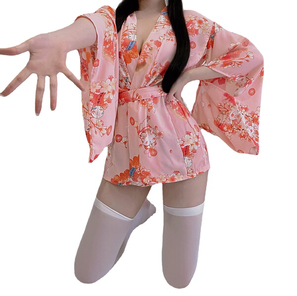 Misty romance kimono lingerie set featuring a cute cat design, perfect for cosplay, nightclub wear, and sexy sleepwear with f...