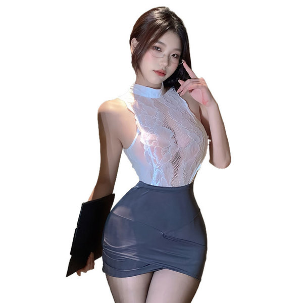 Sexy misty romance lingerie set featuring a lace top and bodycon skirt, perfect for role play outfits like secretary or fligh...