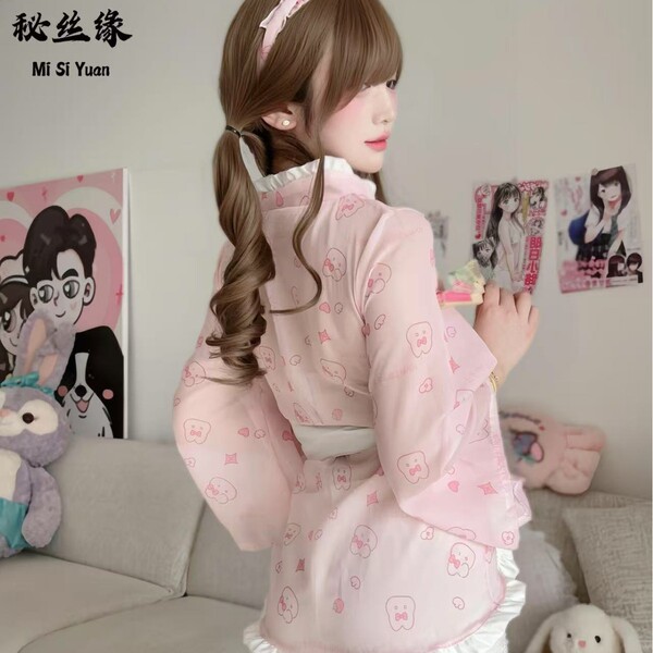 Elegant japanese-inspired maid sleepwear featuring a kimono-style dress with floral prints, perfect for spring.