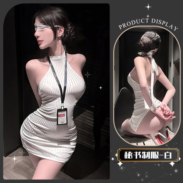 Golden Night Sexy Secretary Costume - Seductive Lingerie Set with Bodycon Mini Skirt for Playful Elegance - Secret Branch Small Hips * White [Includes Chest Badge]