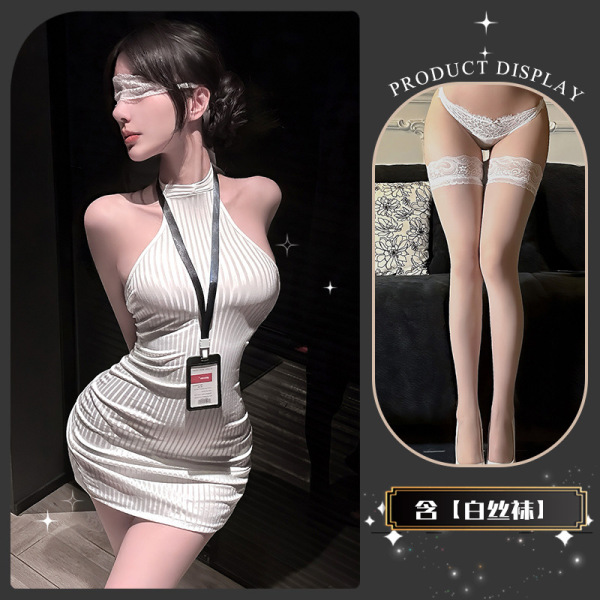 Golden Night Sexy Secretary Costume - Seductive Lingerie Set with Bodycon Mini Skirt for Playful Elegance - Secret Branch Small Buttocks * White + White Stockings