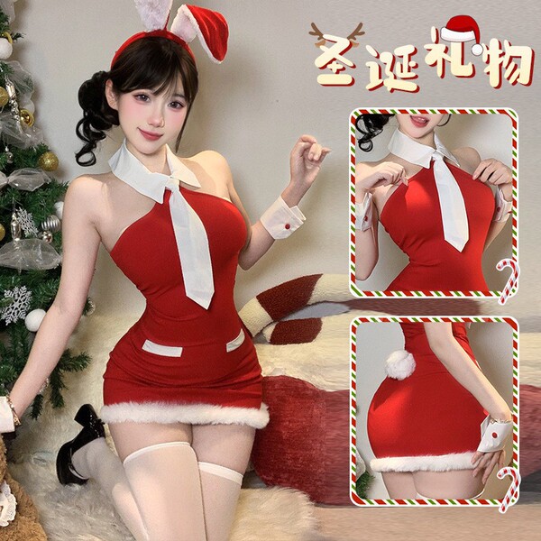 Sexy santa claus-themed dress with reindeer ears, perfect for festive role play outfits.
