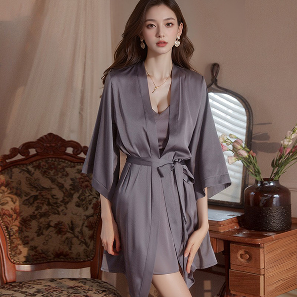 Seductive Ice Silk Backless Sleepwear Set - Sexy Lingerie Nightgown & Robe, No-Remove Passion Outfit, European Style - Moran Grey (single outer robe)