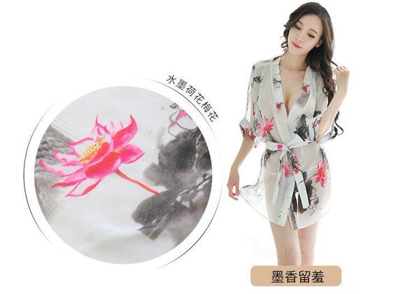 Passion Youmei Butterfly Lingerie Set for Women – Sheer Chiffon Kimono Robe & Sexy Sleep Dress, Wholesale Factory Direct - The fragrance of ink lingers in my blush